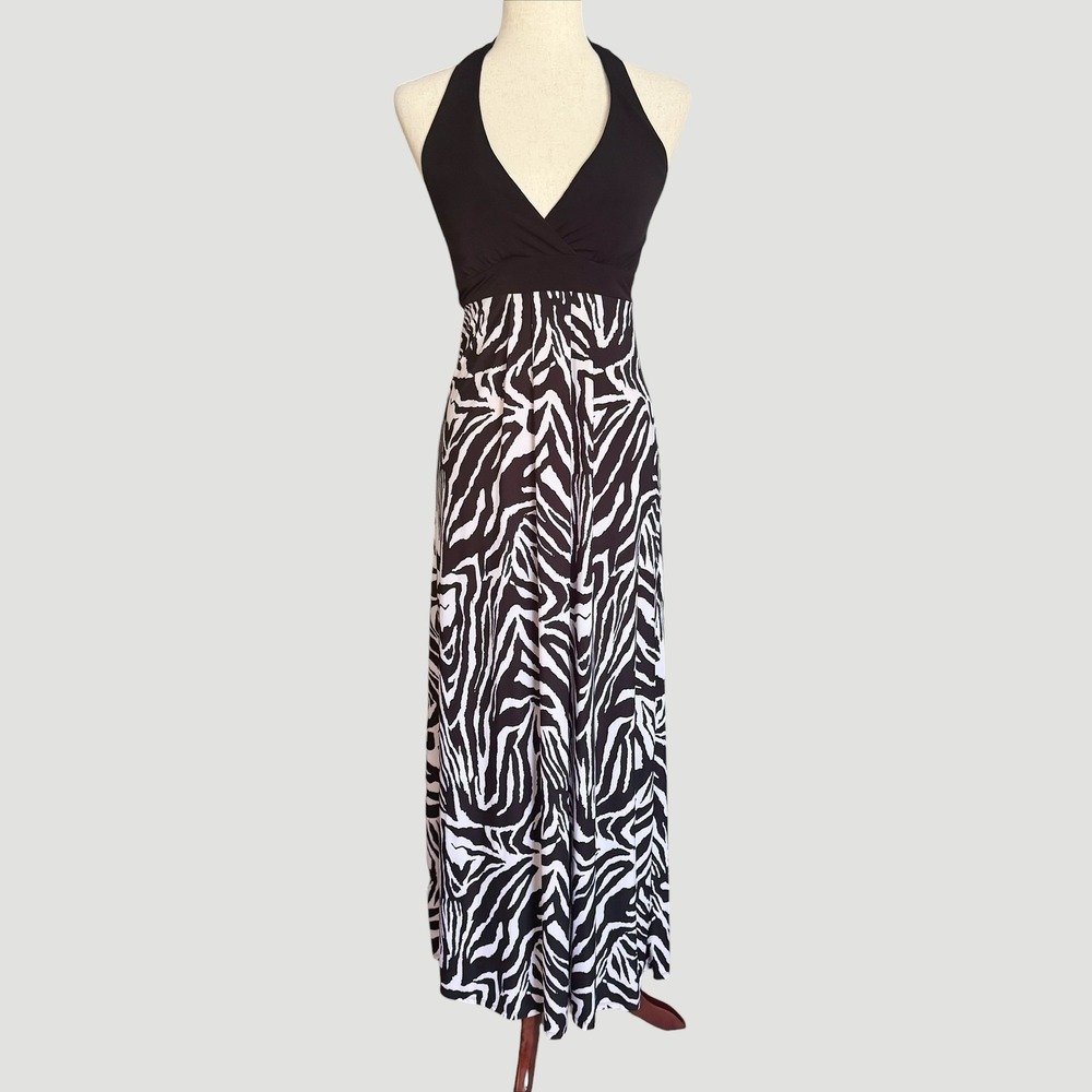 Y2K Grass‎ Collection Zebra Print Halter Maxi Dress Small Bold Boho Resort 2000s